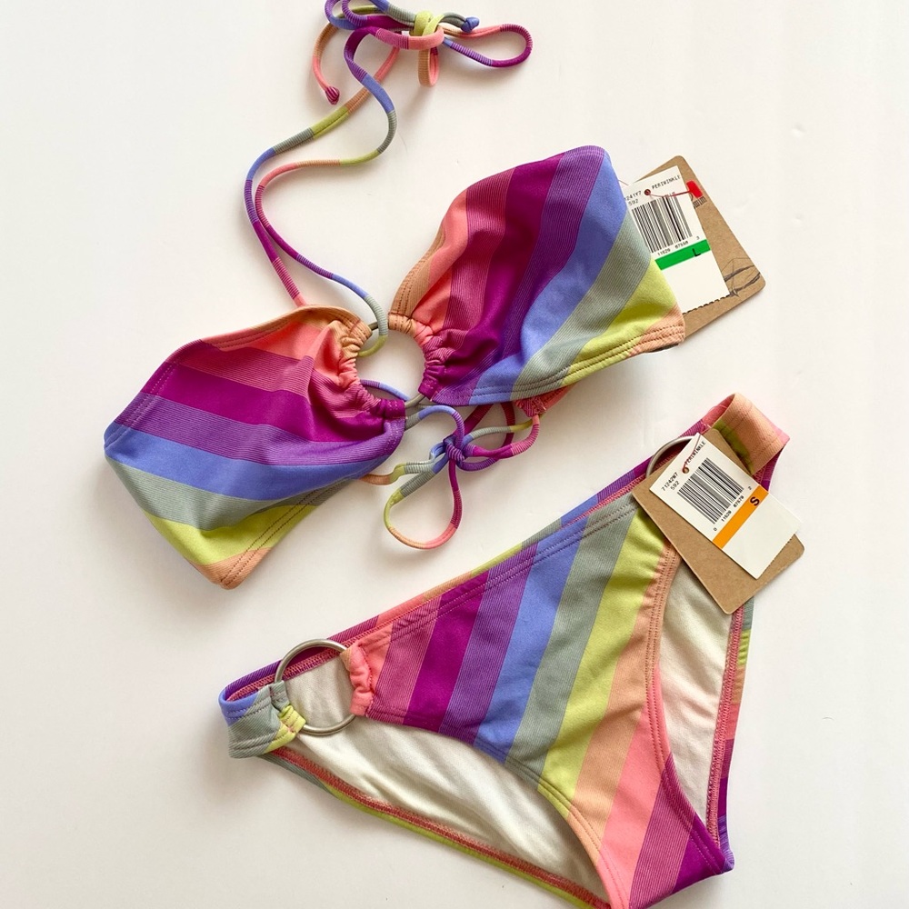 Ocean Pacific swimwear bandeau bikini rainbow top L & bottoms S low rise women’s
